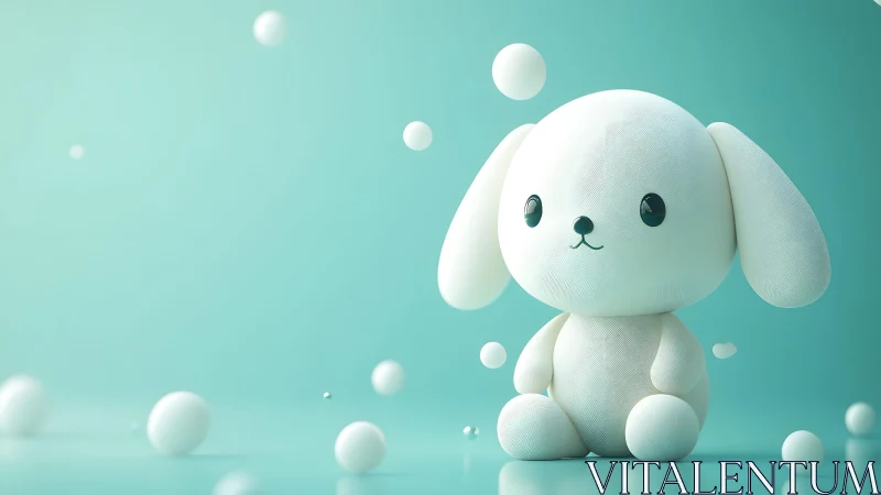 White plush dog figure on teal background with spheres.