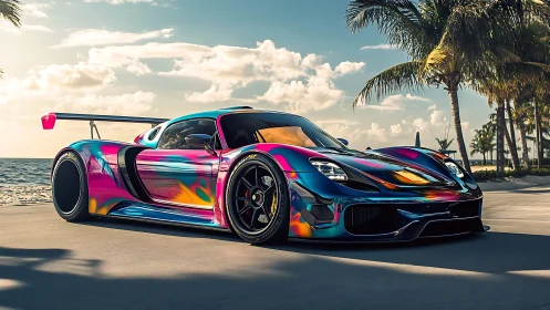 Iridescent supercar parked on sunny tropical beachfront road.