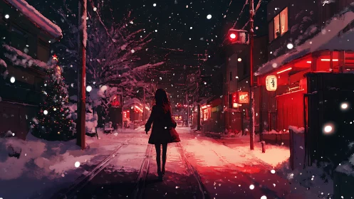 Snowy anime street with lone girl under red lantern glow.