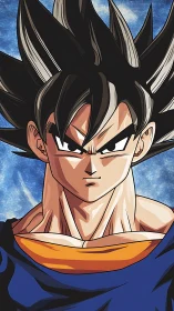 Determined spiky haired warrior stands against cosmic sky