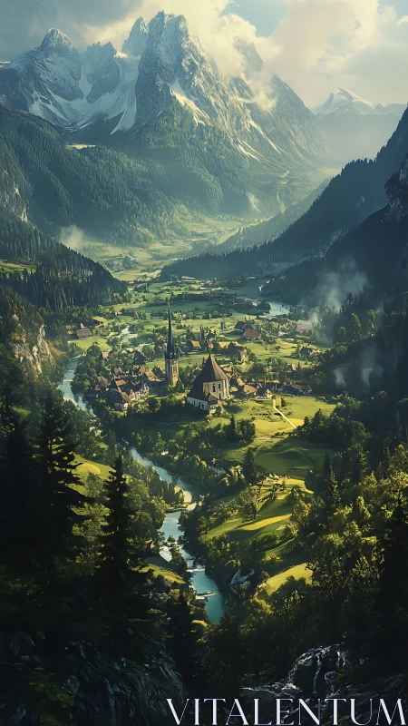 Sunlit alpine village nestles beneath towering snowy peaks