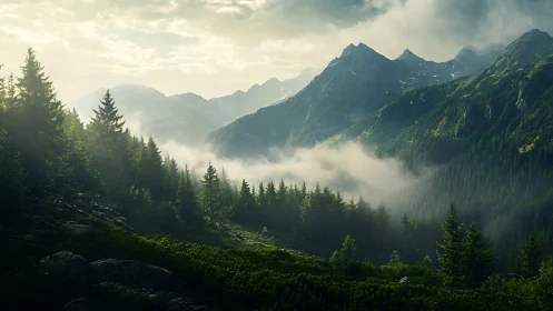 Alpine Valley Landscape with Coniferous Forest and Stratocumulus Cloud Formation