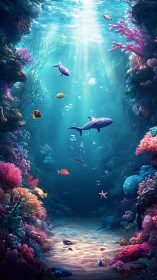 Sunlit coral canyon with drifting sharks and reef fish.