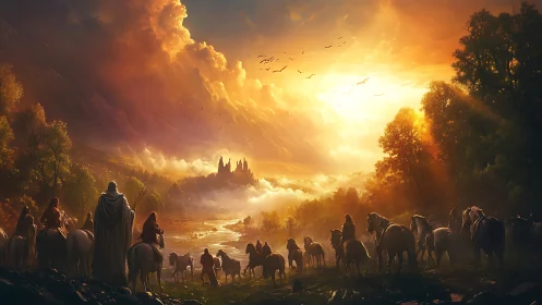 Riders converge on misty valley citadel at blazing sunrise.