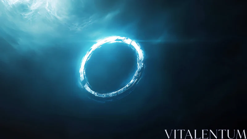 Luminous circular structure suspended in dark void field.