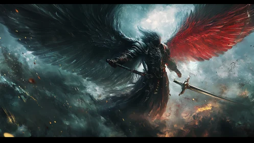 Armored fallen angel with dual-toned wings in storm.