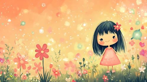 Smiling cartoon girl standing in bright flower field.