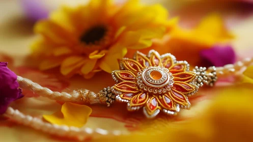Intricate festive rakhi rests among soft marigold petals.