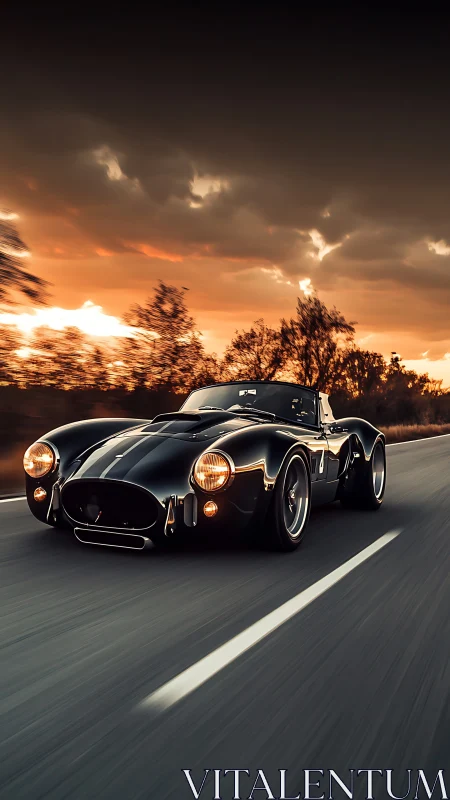 Midnight-black cobra roadster devours a sunset highway