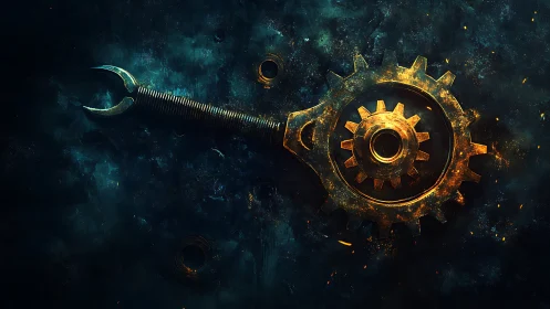 Glowing golden gear and wrench in a dreamy cosmic workshop.