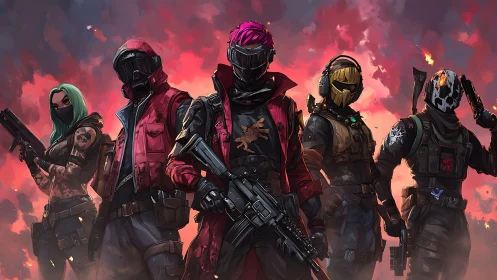 Bold masked squad stands united against a blazing sky