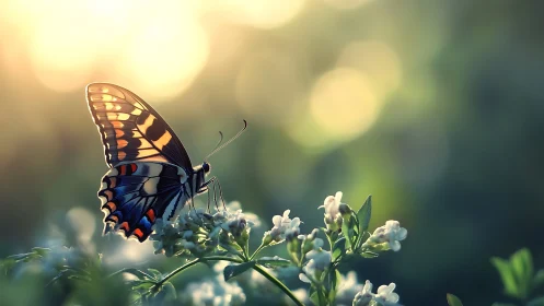 Butterfly rests on sunlit blossoms in dreamy bokeh glow.