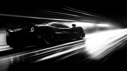 Sleek supercar slicing through light on a midnight highway.