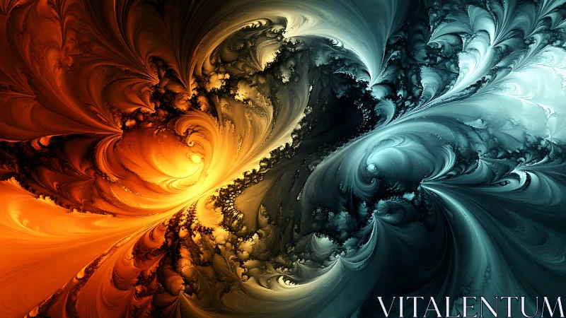 Fiery orange and icy teal fractal currents collide in motion