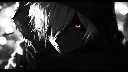 Hooded silver‑haired figure with glowing ember eye in shadow.