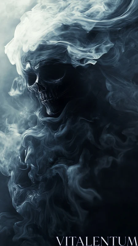 Smoke-born reaper skull swirling from spectral darkness.