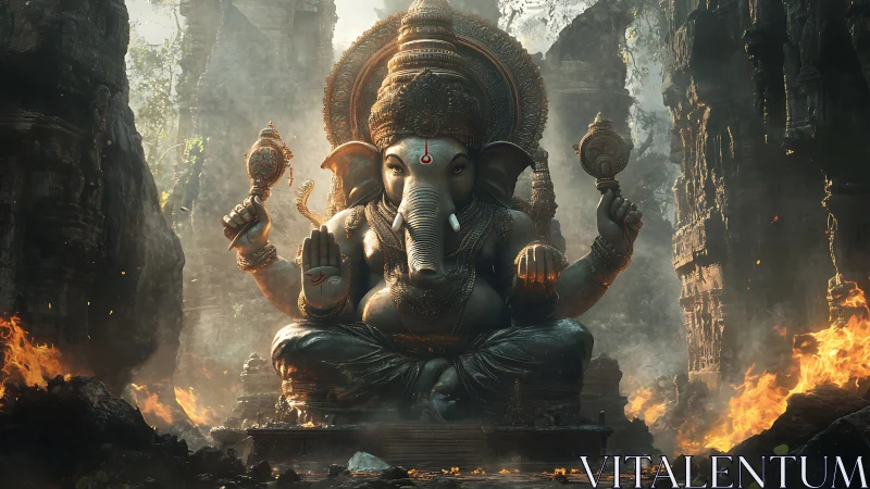 Hyperreal Ganesha shrine amid incendiary canyon ruins.