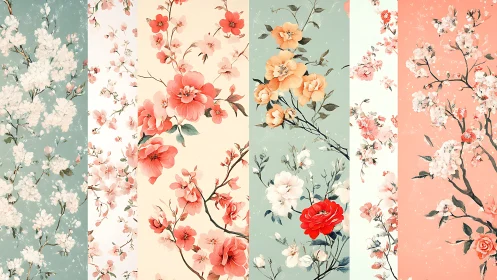 Six Vertical Panels with Botanical Floral Motifs on Varied Backgrounds.