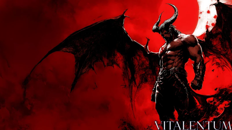 Horned demon warrior broods beneath a blood red moon