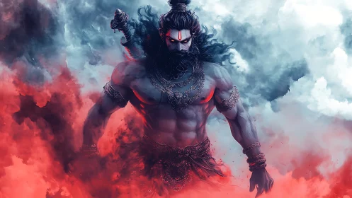 Powerful mythic warrior emerging from red and blue smoke.