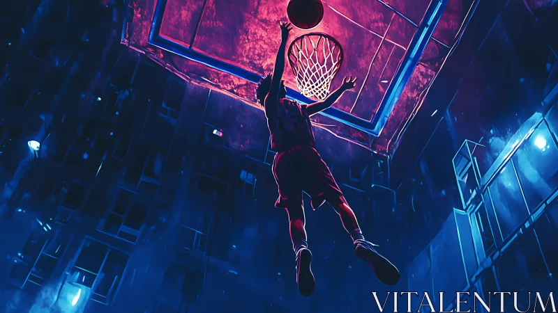 Neon court skyward slam in an electric cyber hoop dreamscape.