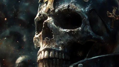 Battle-scarred obsidian skull crowned with burning crosses.