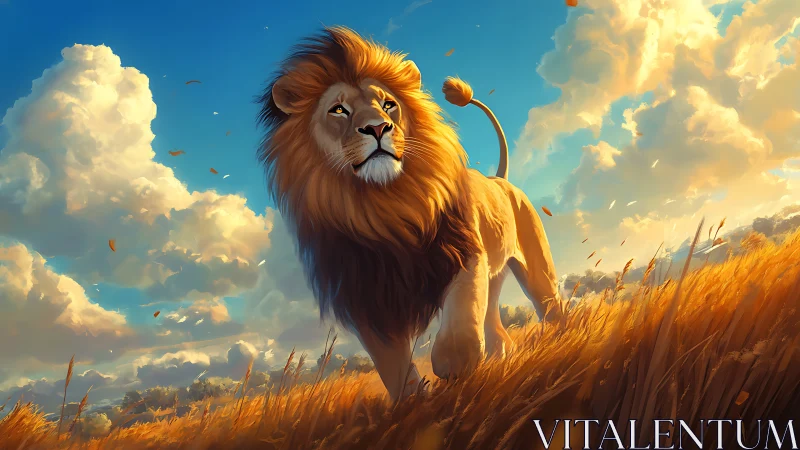 Backlit lion strides through golden savanna under volumetric clouds