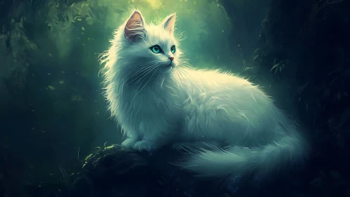 Luminous Guardian: White Cat's Ethereal Forest Watch.