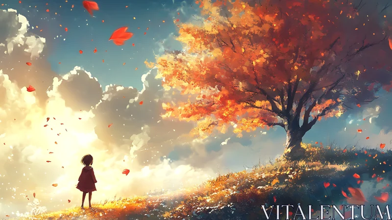 Child at the ember-tree horizon beneath wandering clouds.