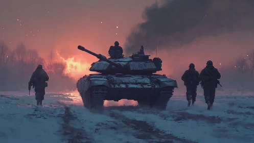 Armored tank advances through burning winter battlefield at dusk