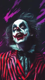 Clown figure with striped suit and smeared face makeup.