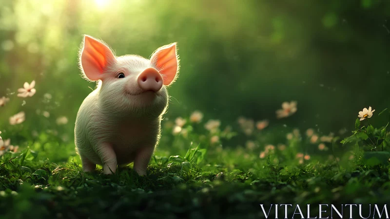 Backlit juvenile piglet in shallow-depth meadow illumination.
