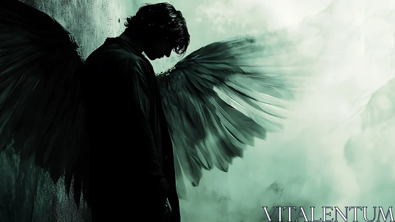 Winged male figure in profile against textured wall surface.