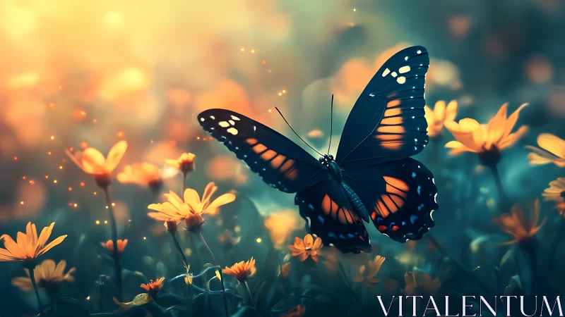 Butterfly with luminous wings over teal bokeh meadow.