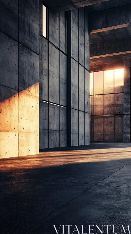 Brutalist concrete hall with dramatic sunset light bands.