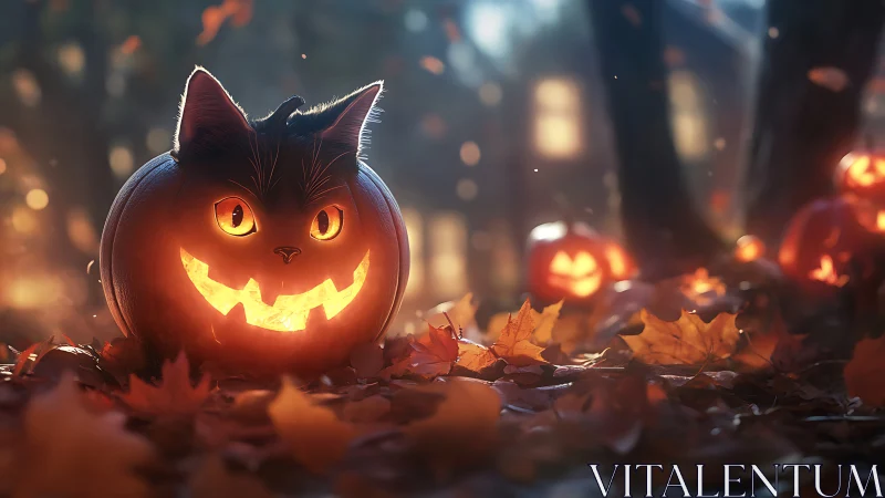 Illuminated cat-shaped jack-o-lantern among autumn leaves.