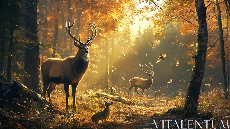 Majestic deer stand in glowing autumn forest light