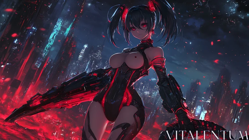 Cyberpunk android girl dominates a neon-lit dystopian skyline