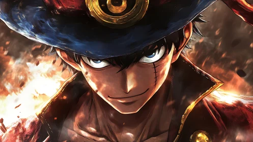 Anime pirate character portrait with burning background scene.