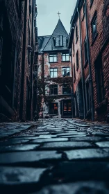 Narrow cobblestone alley leading to old brick townhouse.