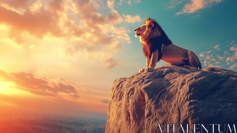 Solar-etched lion silhouetted on stratified cliff promontory.