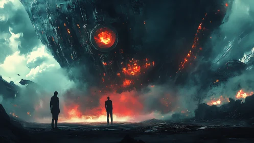Colossal alien warship descends over burning apocalyptic land