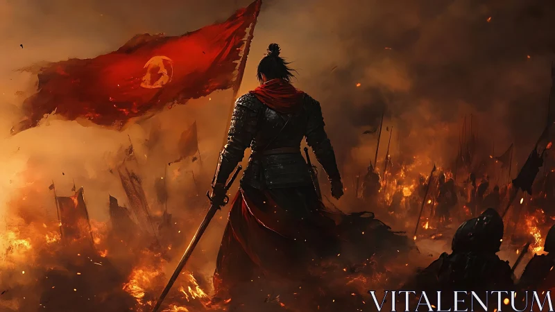 Warlord with red banner commands burning battlefield.