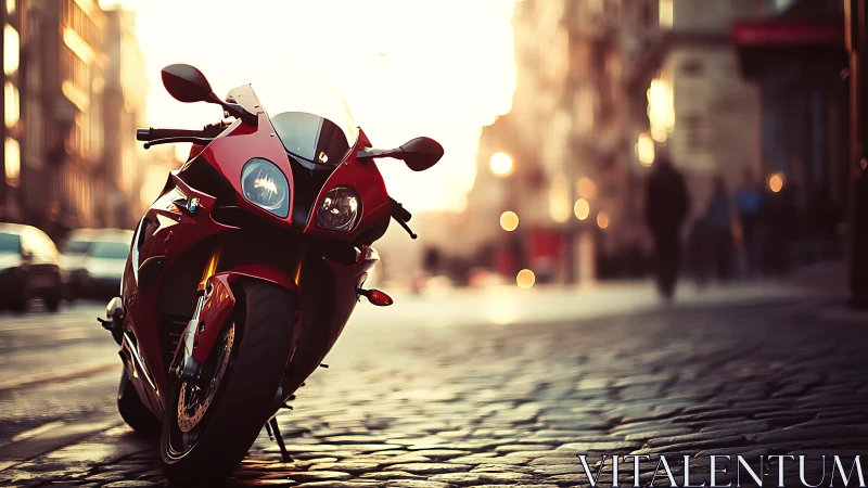 Scarlet street superbike basking in molten sunset calm.