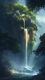 Luminous jungle waterfall cascading from towering cliff.