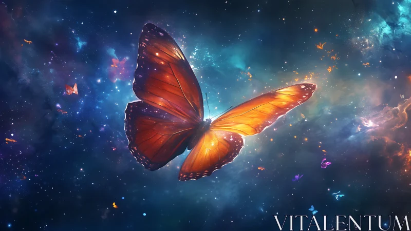 Orange butterfly glows in deep blue nebula filled starfield