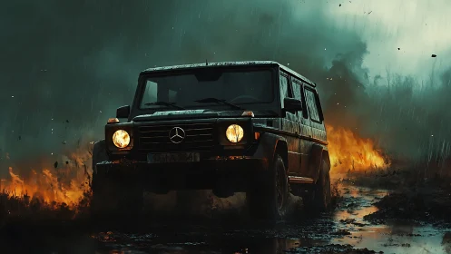 Mud-bruised Mercedes muscles through stormlit fire and rain