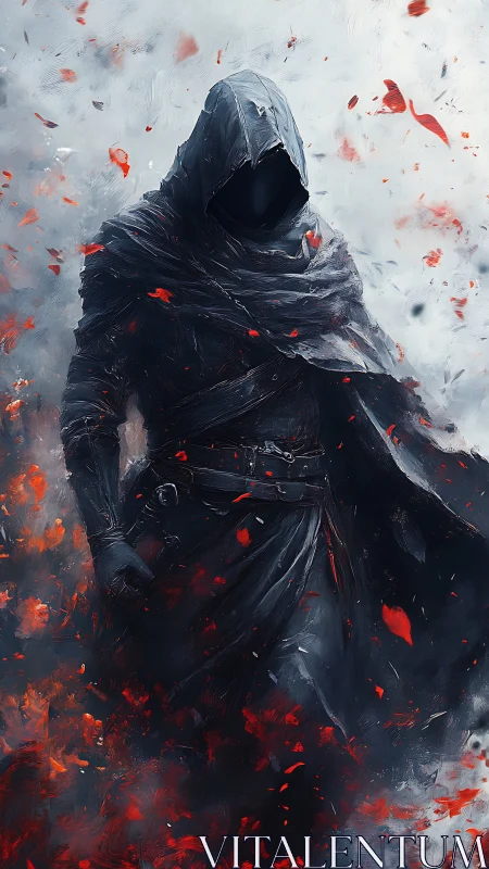 Hooded rogue strides through ember storm in painterly chiaroscuro