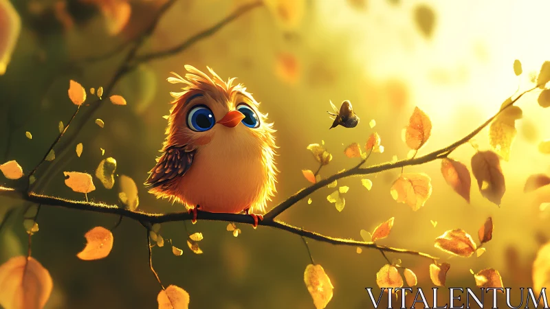 Cute animated bird on autumn branch with golden sunlight.