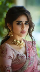 Portrait of woman in embroidered pink saree with gold jewelry